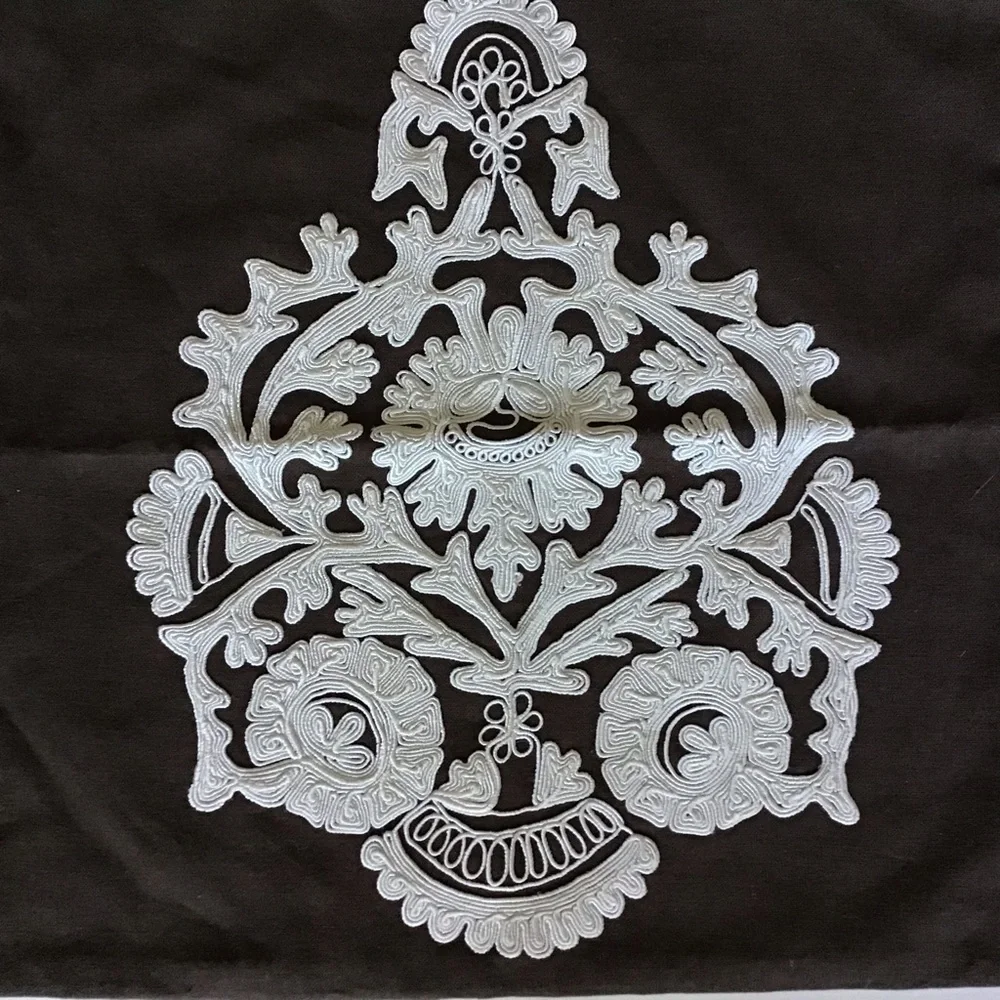West Elm EUC Pillow Cover Only Embroidered Zipper West Elm Brown And White